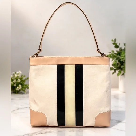 Gucci Canvas Tote Bag – Beige & Black Stripe with Gold Logo - Picture 1 of 15